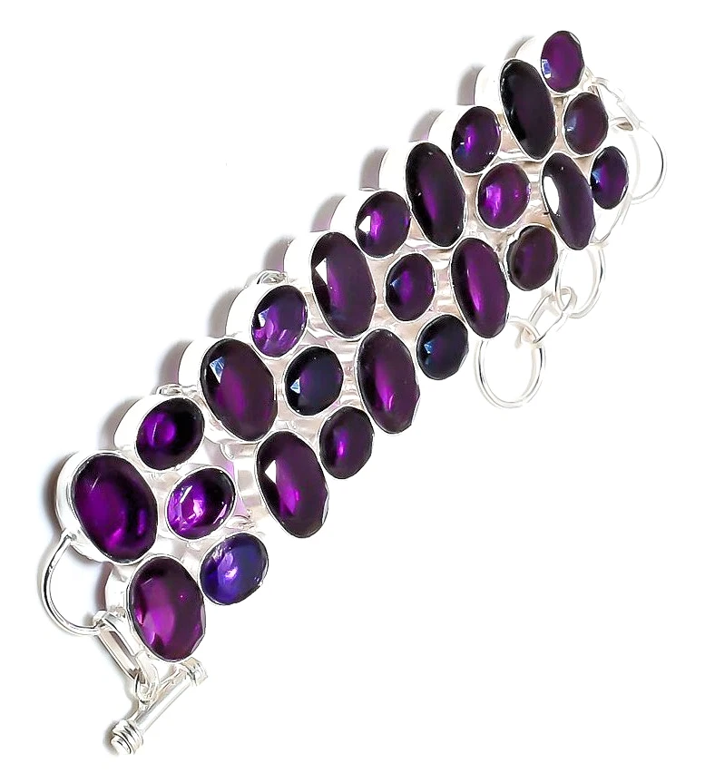 African Amethyst Gemstone 925 Sterling Silver Handmade Jewelry Bracelet 8" - Image 2 of 4
