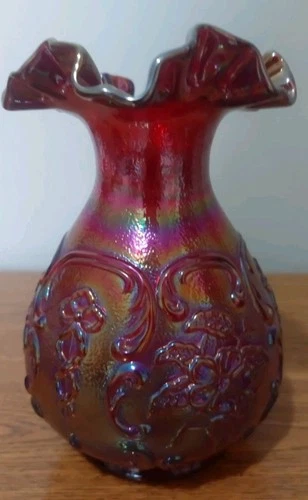 Vintage Fenton Wild Rose Revival Red Carnival Glass Vase 7 1/4 In Tall MINT