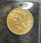 1907 US $5 Liberty Head Half Eagle Gold Coin, .2419 oz AGW, AU+ Details