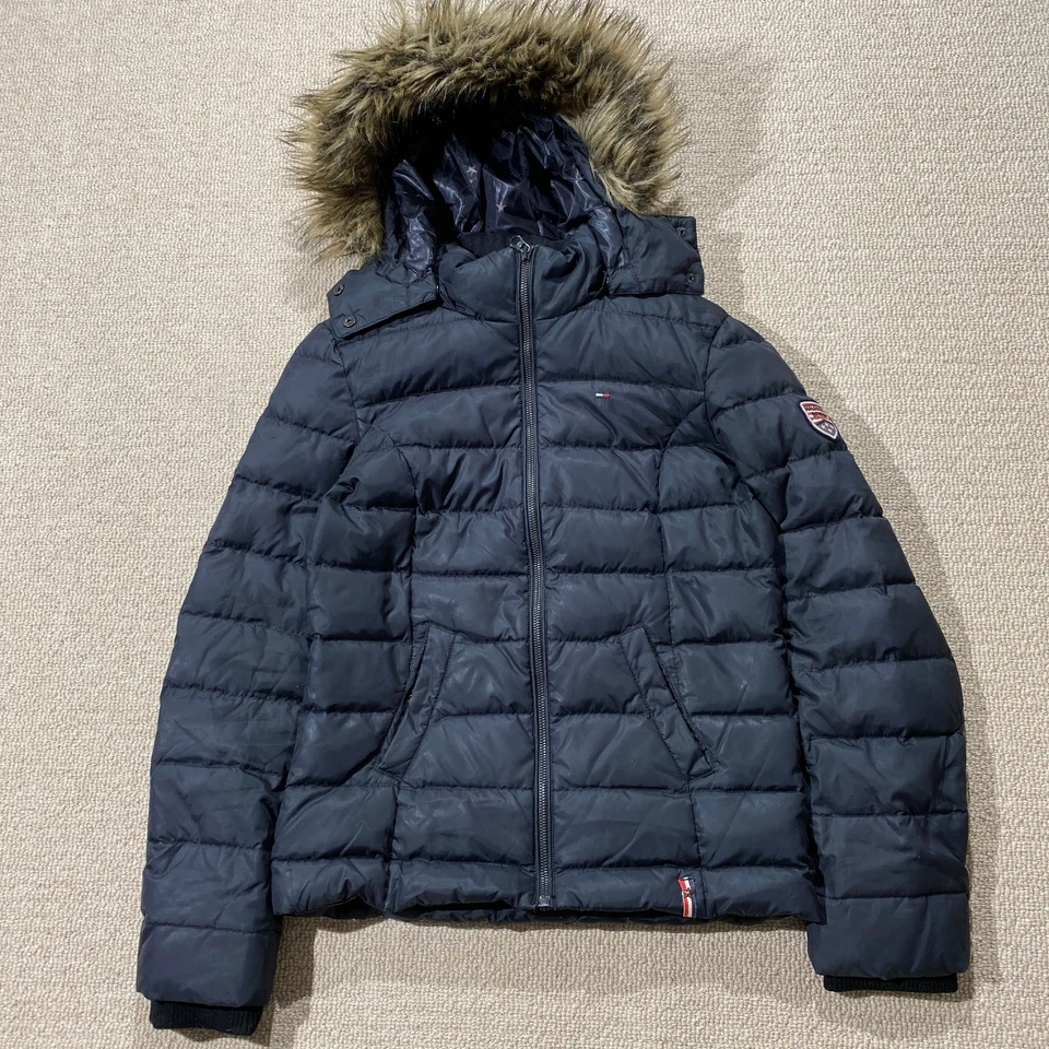 Tommy Hilfiger Down Jacket Womens Small Black Lightweight Puffer Coat Faux Fur