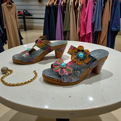 L Artiste Spring Step Floral Leather Slide Sandals Womens 7.5 Boho Block Heels