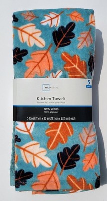 Mainstays Cotton Kitchen Towel Set Fall Leaves 15''x25'' Blue Orange Thanksgiving