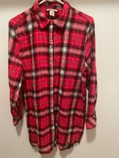 Victoria Secret Red Plaid Flannel Nightshirt Gown Button Front Notch Collar sz L