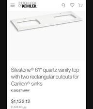 NEW KOHLER Silestone® 61" quartz vanity top with two rectangular cutouts for...