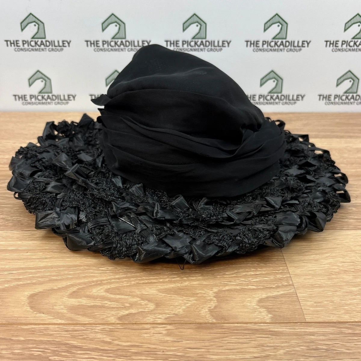 Vtg 50s 60s Sears Millinery Black Wide Brim Hat Union Made USA Church Chiffon Wide Brim Black Straw Vintage Hats for Women for sale | eBay main image 4