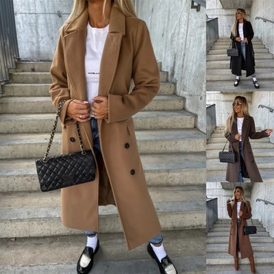 Elegante Damen Winterjacke mit Gürtel   Zweireiher & Schlitzdesign