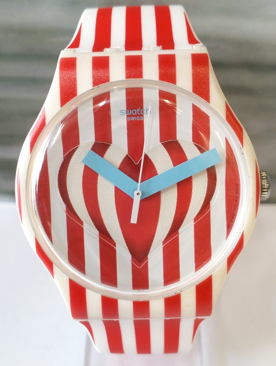 クリスマスデザイン　Swatch スウォッチ 時計 ホワイト/レッド SWATCH QUARTZ HEARTS RED & WHITE DIAL SWISS UNISEX FULL WORKING