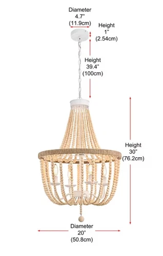 Chandelier Light Fixture Farmhouse Shabby Beige Wood Bead Chic Rope Pendant Lamp - Picture 8 of 9