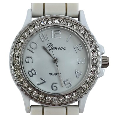 Geneva White Dial Crystal Accent Gold Tone Case White Silicone Band Watch