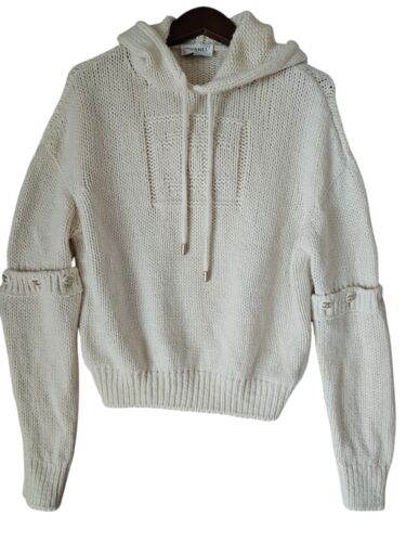 CHANEL Ivory Logo Cashmere Silk Stretch Knit Hoodie Sweater Button Sleeve TP01