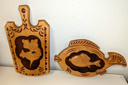 Vintage Retro hand carved Kitchen 3D Wooden Wall Plaques Fish Turnip MCM kitsch - Picture 1 of 11
