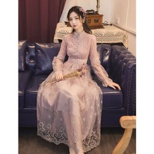Women Maxi Lace Floral Dress Stitching Patchwork Stand Collar Beaded Tunic