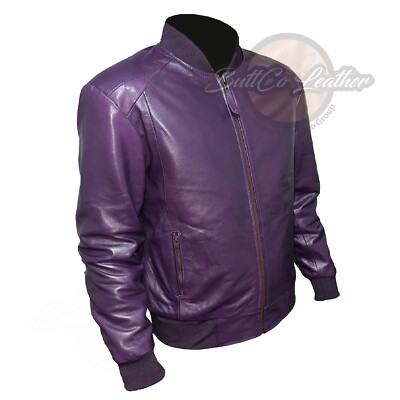 Mens Genuine Sheepskin Bomber Jacket Handmade Soft Purple Fashion