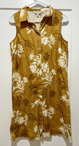 NWT Garnet Hill Honeycomb Floral Ochre Linen Sleeveless Shirt Dress 6 CURRENT