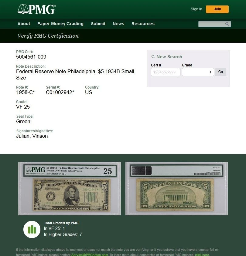 1934B $5 Federal Reserve Note PMG 25 rare 9 known Philadelphia star Fr 1958-C* - Image 2 of 4