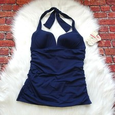 Tommy Bahama Pearl Halter Shirred Tankini Swim Top Mare Navy Stretch NWT 104
