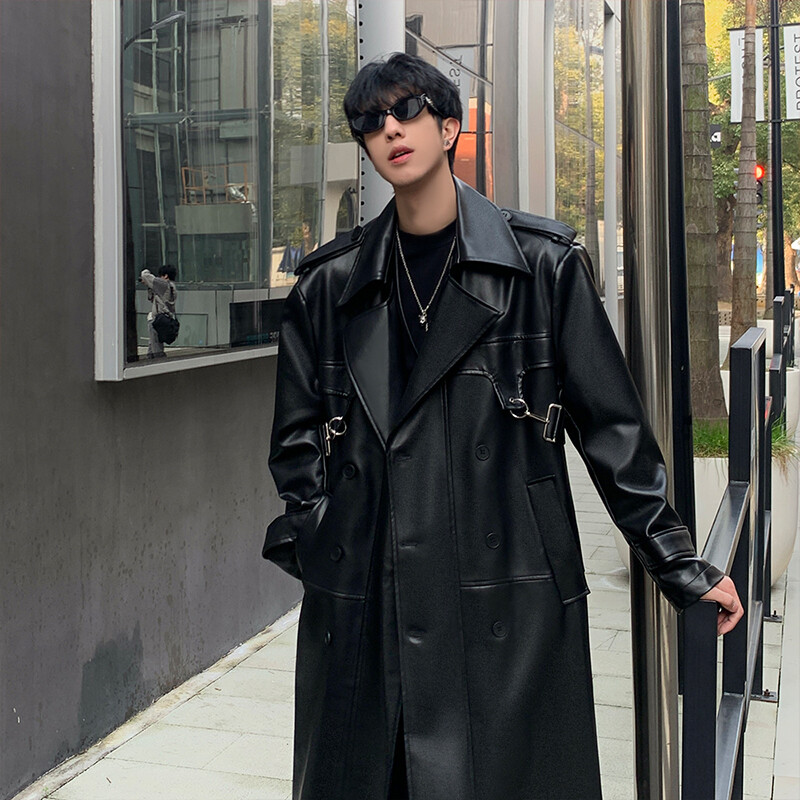 Korean Mid-length Leather Coat for Men Cool Handsome Design 
