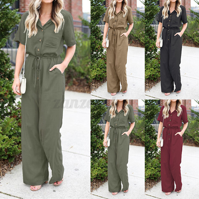 Casual Solid Buckle Turndown Collar Loose Jumpsuits(3 Colors) Casual Solid Buckle Turndown Collar Loose Jumpsuits(3 Colors)