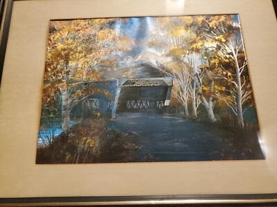 Vintage Wood Framed Foil Covered Bridge Trees Fall Picture  14x11