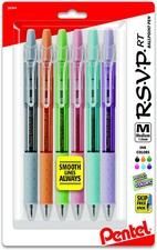 NEW Pentel 6-Pk RSVP RT Pastel Barrel Retractable Ballpoint Pens 1.0mm BK93FBP6M