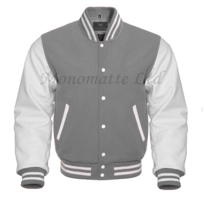 ZTMY VARSITY JACKET (Light Gray) Lサイズ Varsity Letterman Gray Wool Genuine White Leather Sleeves