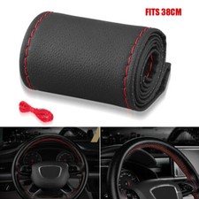 Black Universal Car Steering Wheel Cover Needle Thread AntiSlip Leather 15"/38cm