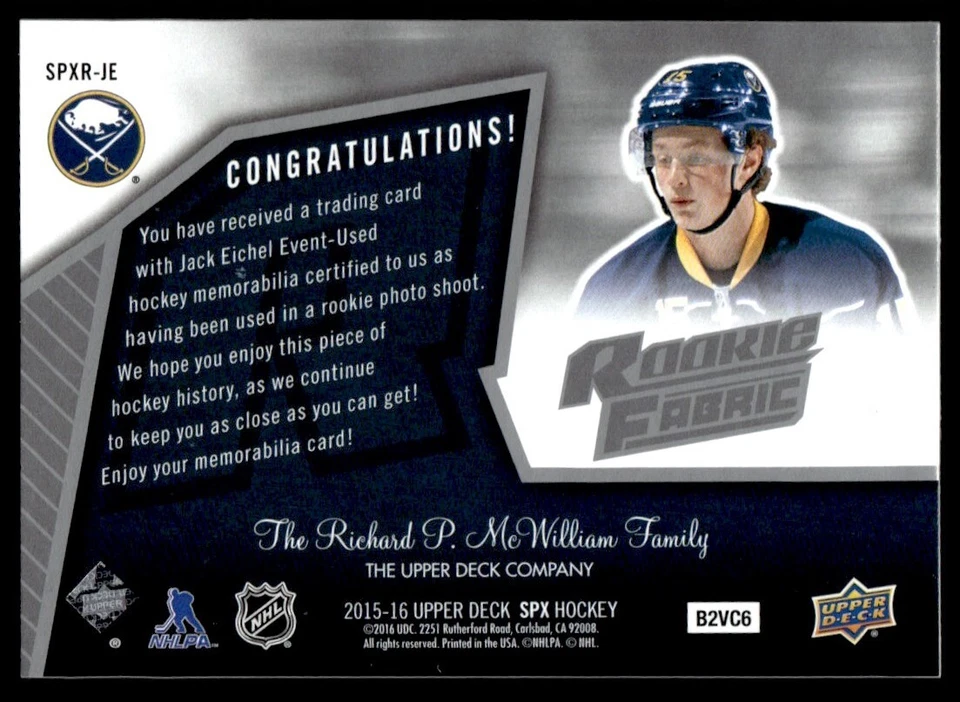 2015-16 SPx 2005-06 Retro Rookie Fabrics Jack Eichel Buffalo Sabres #SPXR-JE - Image 2 of 2