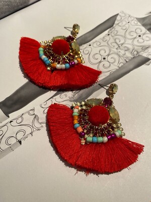 Latoir Fashion Boho Red Pom Pom Tassel Fringe Gemstone Beaded