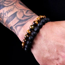 2PCS Classic Lava Rock Tiger Eye Gem Stone Beaded Healing Men Bracelet Boyfriend