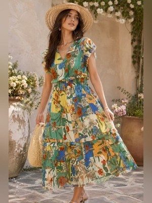 NWT Current Air Floral Patchwork Pleated Tiered Midi Dress Boho Cottagecore L