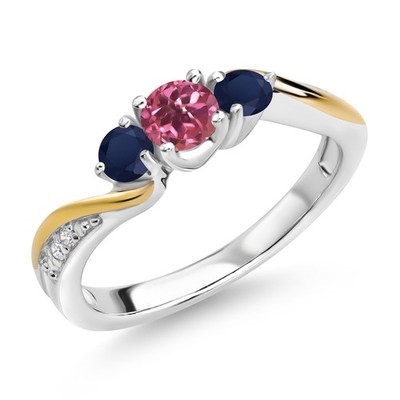 925 Silver and 10K Yellow Gold Pink Tourmaline Sapphire and White Lab Grown