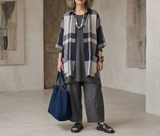 Ischiko Oska Top UK 12 Black Check Short Sleeve Oversized Pockets Linen Shirt