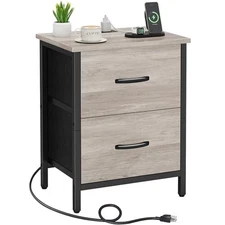  Nightstand with Charging Station, Bedside Table with USB Ports Greige (1 Pack)