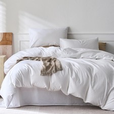 100 Cotton Sateen Striped King Duvet Cover Set, White