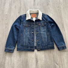 Levis Kids Sherpa Collar Denim Trucker Jacket Dark Wash Blue Size S 8-10 YRS