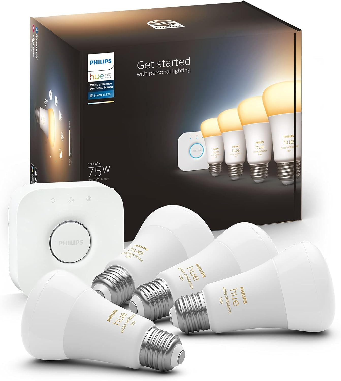 Philips Hue Smart Light Kit: 1 Bridge & 4 White Ambiance LED Bulbs, App Control