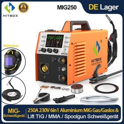HITBOX 6in1 250A MIG Schweißgerät Aluminium Gas/Gaslos MIG TIG STICK Spool Gun