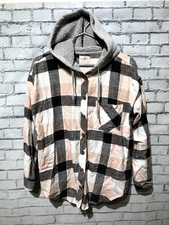 Women XL, Gray/Pink Plaid Long Sleeve Hooded Cotton Flannel Button-Down Shirt