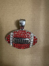 Football Shaped Pendant. Silver Tone Red White Rhinestones. 2 Wide