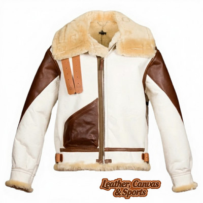 Men's RAF Aviator B3 White Real Leather Jacket Pilot Flying Bomber Shearling Fur