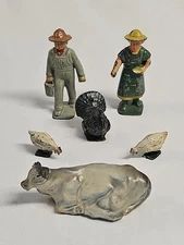 Cast Lead Farmer, Woman, Cow, Chickens Turkey 1950's Johillco Vtg Collectible 