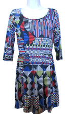 BeBop Women's Medium Fit and Flare Black and Multicolored Geometric Retro Dress