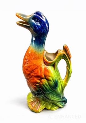 Antique Saint Clement French Majolica Duck Pitcher Barbotine Mallard EUC