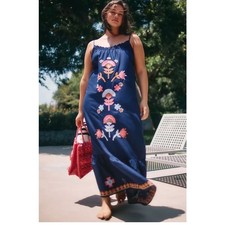 Anthropologie Malika Embroidered Maxi Dress Blue Boho Cotton Large