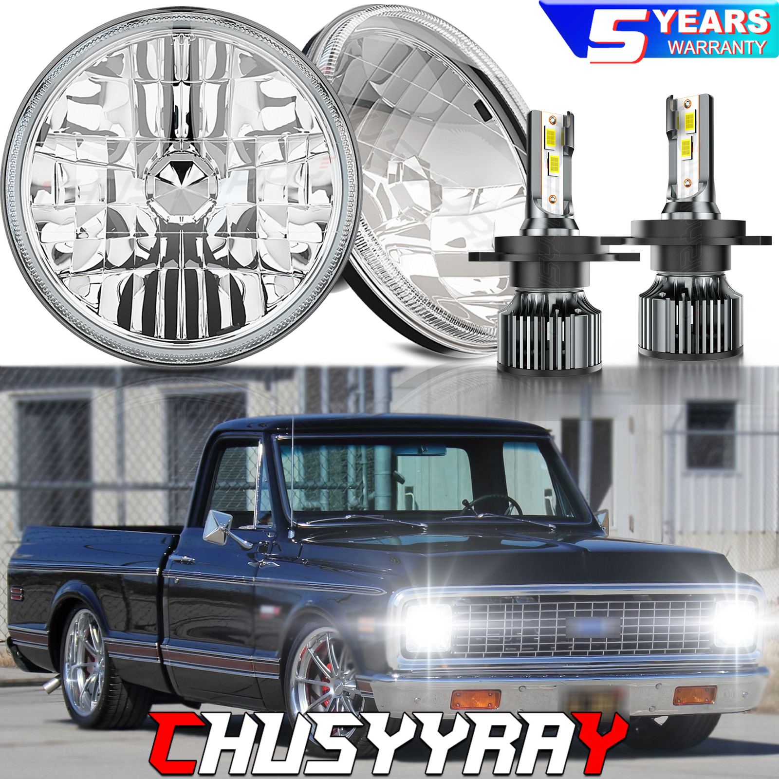 Fit 1967-1972 Chevy C10 Pair 7 inch LED Headlight Round DOT Approved Hi/Low Beam