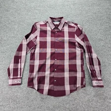 Perry Ellis Shirt Mens Medium Red Maroon Plaid Long Sleeve Button Up Preppy