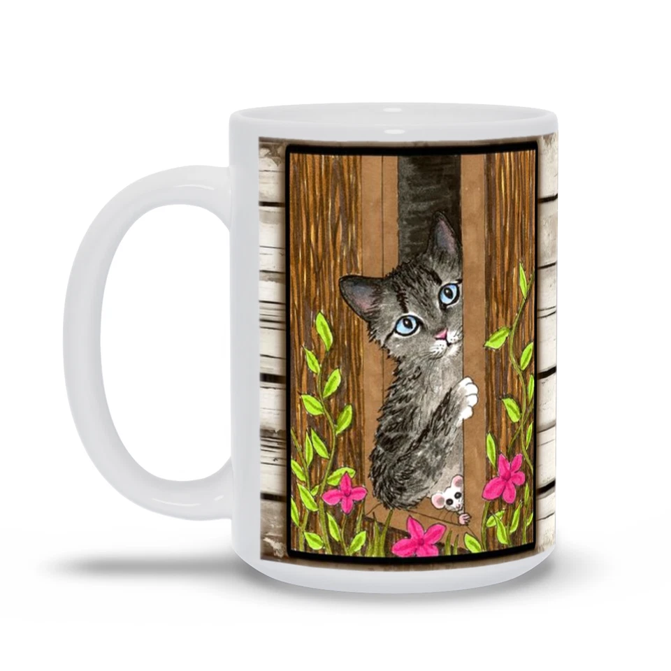 Taza de café 11 oz o 15 oz gato 527 madera granero ratón divertido arte pintura L.Dumas Foto 4 de 4