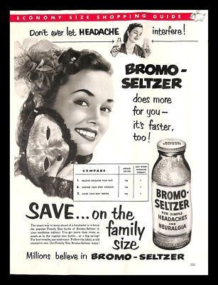 1952 Bromo-Seltzer Medicine Vintage PRINT AD Headaches Neuralgia Woman Mask 50s