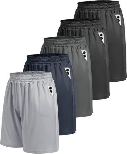 5 Pack Athletic Gym Mens Shorts - Workout Black Quick Dry Basketball Shorts with