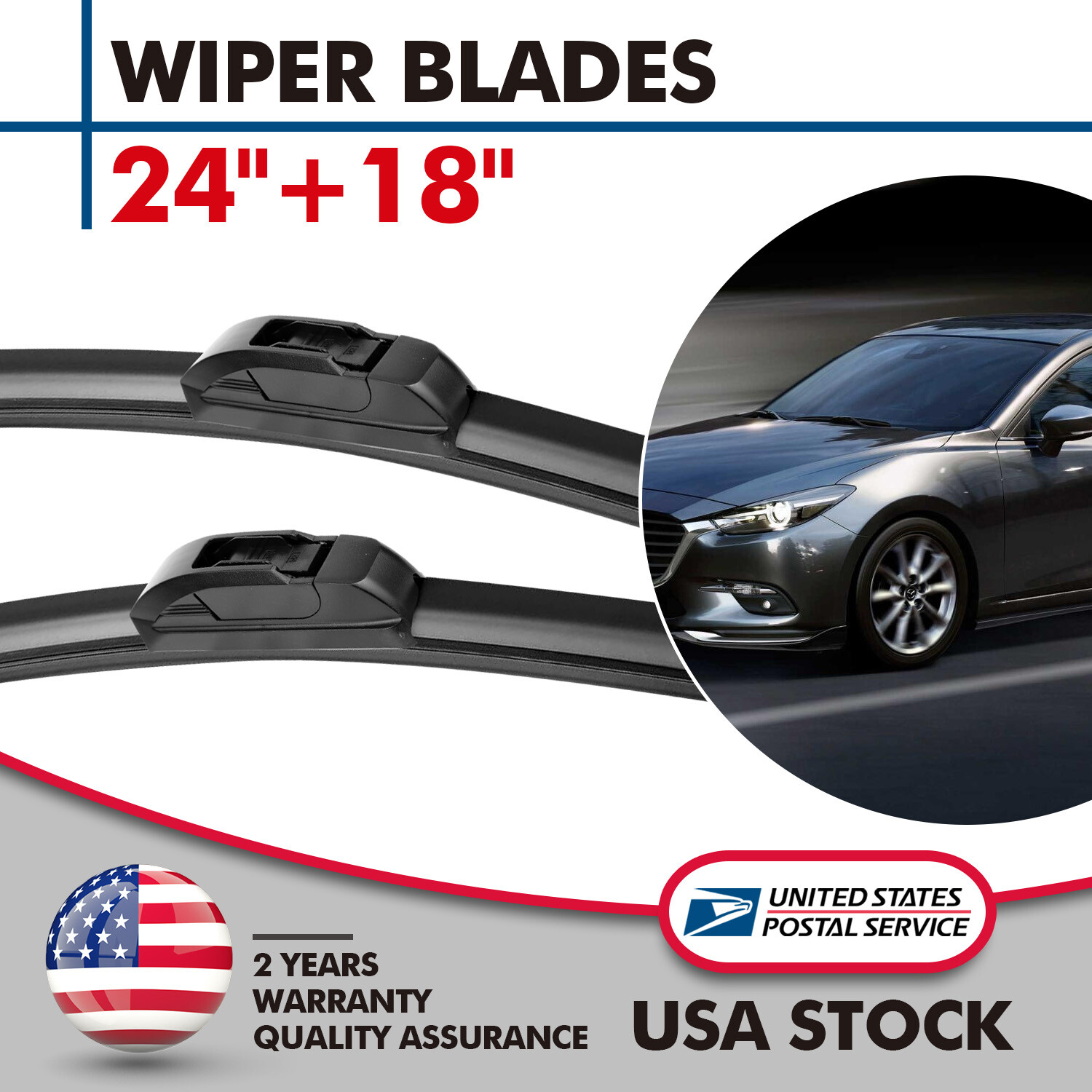 24+18 Inch Bracketless J-Hook Windshield Wiper Blades for Car Front